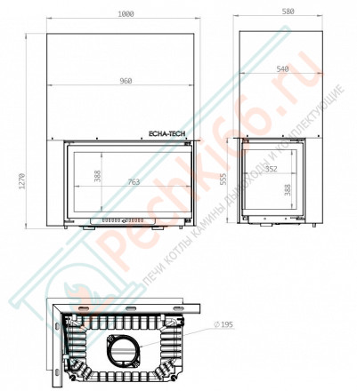 Каминная топка Font 800 R, угловое стекло справа, гильотина (ECHA-TECH) 18 кВт
